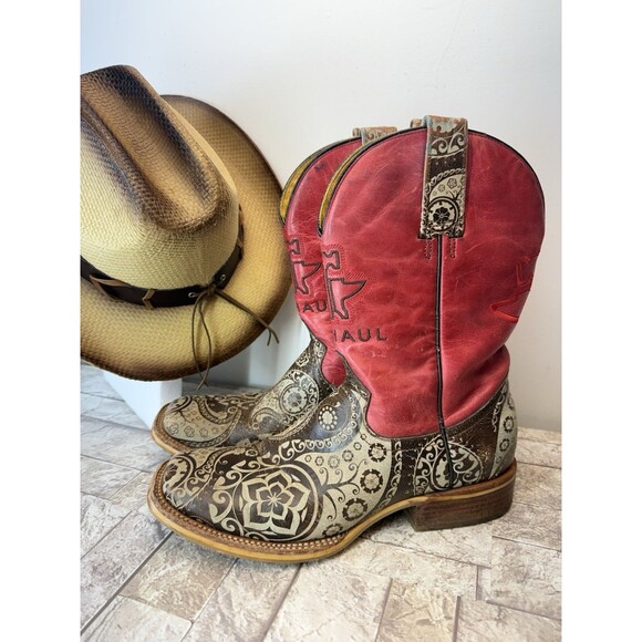Tin Haul Shoes - Tin Haul American Women Cowboy Boots Square Toe Western Leather Boots Size 8.5